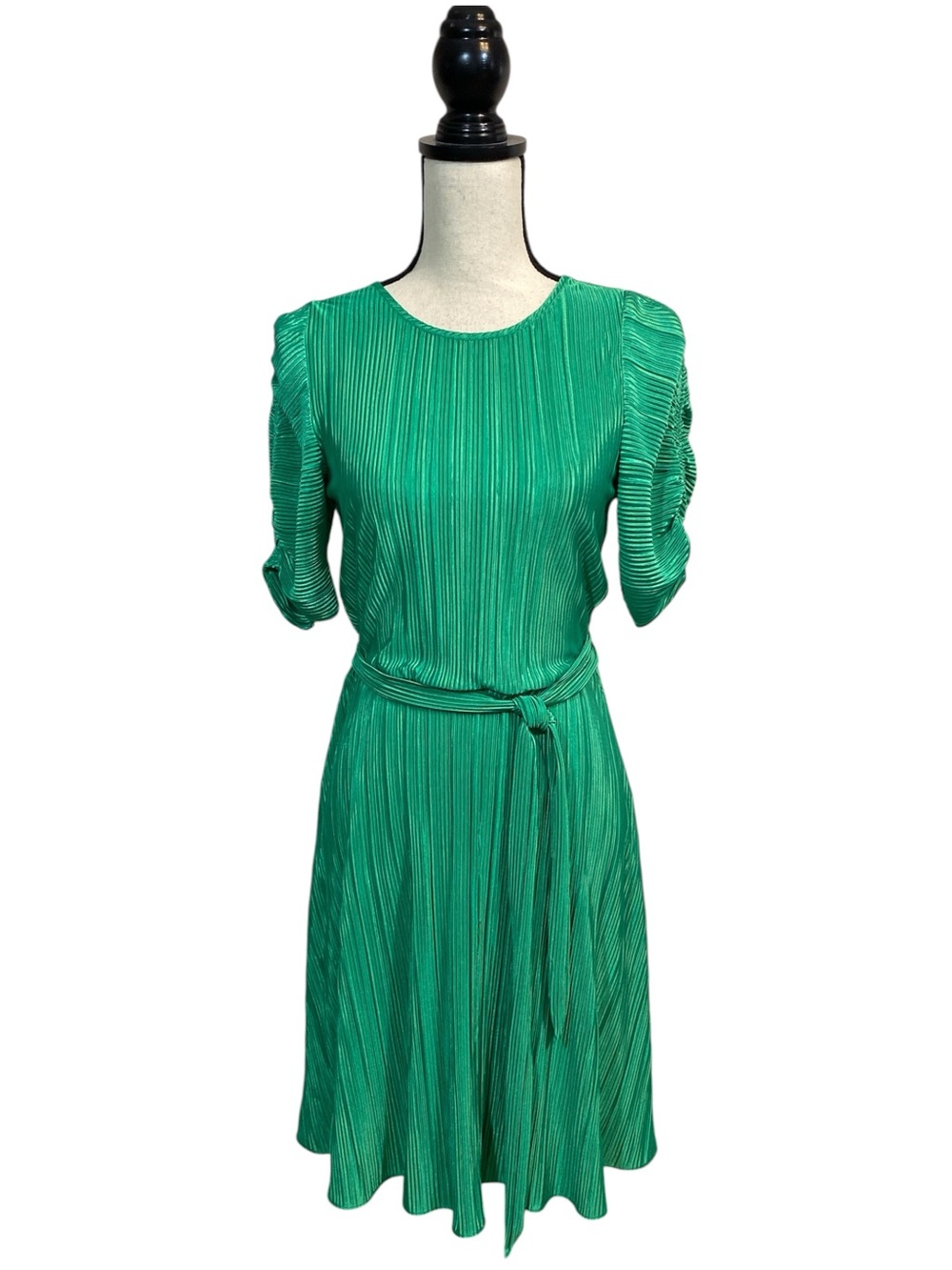 DKNY Green Plisse Satin Pleated Dress with Sash 8